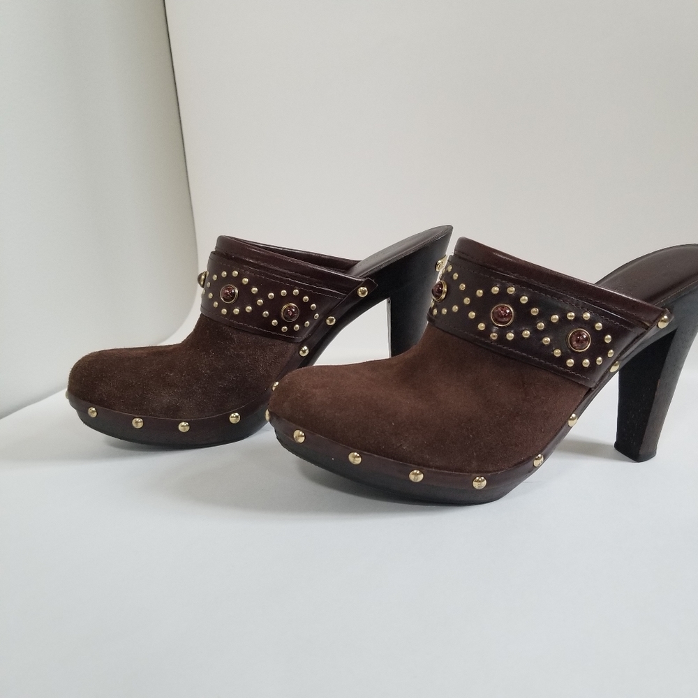 Michael Kors Womens Brown Suede Studded Wooden Mule Clogs Sz 7.5 - Picture 3 of 7
